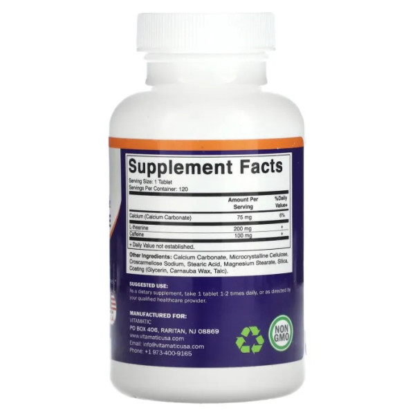 Кофеїн та L-теанін, Caffeine & L-Theanine, Vitamatic, 120 таблеток