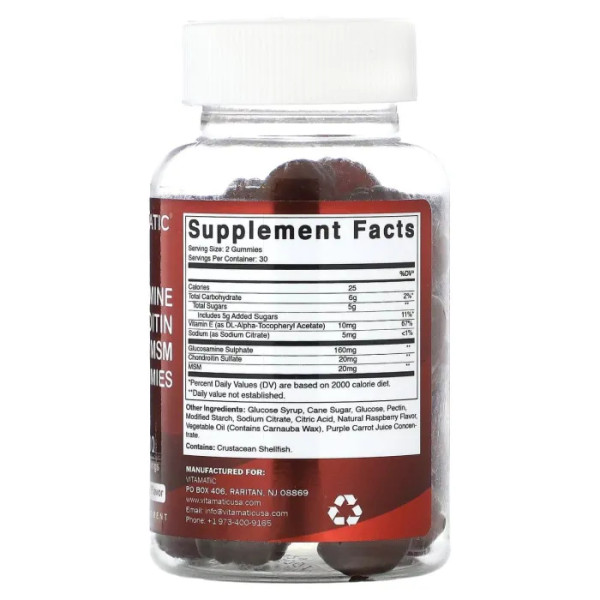 Глюкозамін, хондроїтин та МСМ, Glucosamine Chondroitin MSM Gummies, Vitamatic, зі смаком малини, 60 жувальних цукерок