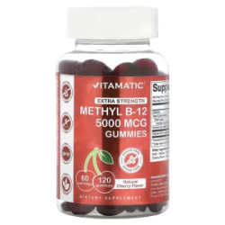 Метилкобаламин 5000 мкг, Methyl B-12 Gummies Vitamatic, повышенная сила, вкус натуральная вишня, 120 жевательных таблеток