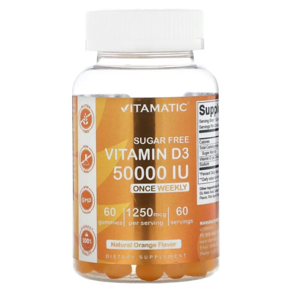 Вітамін D3, Sugar Free Vitamin D3, Vitamatic, без цукру, зі смаком апельсина, 1250 мкг (50 000 МО), 60 жувальних таблеток