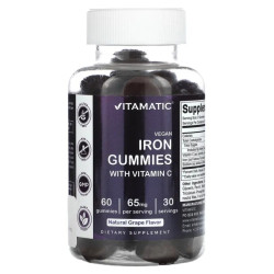 Железо 65 мг с витамином C, Vitamatic Vegan Iron Gummies with Vitamin C, жевательные веганские вкус натуральный виноград, 60 жевательных таблеток