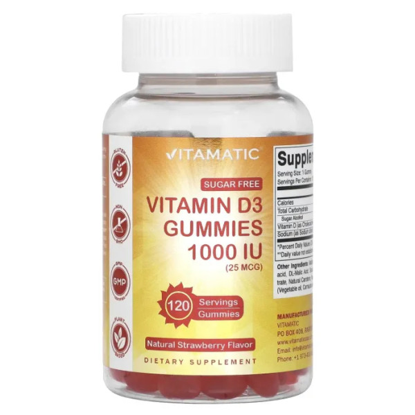 Вітамін D3, Vitamin D3 Gummies, Vitamatic, зі смаком натуральної полуниці, 1000 МО (25 мкг), 120 жувальних таблеток