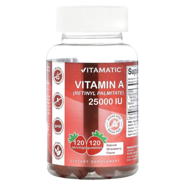 Вітамін А (ретинілпальмітат), Vitamin A (Retinyl Palmitate), Vitamatic, зі смаком натуральної полуниці, 25000 МО, 120 жувальних таблеток