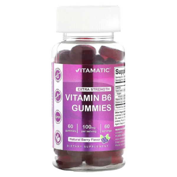 Вітамін В6, Vitamin B6, Vitamatic, підвищена сила дії, зі смаком ягід, 100 мг, 60 жувальних мармеладок (50 мг на 1 жувальній таблетці)
