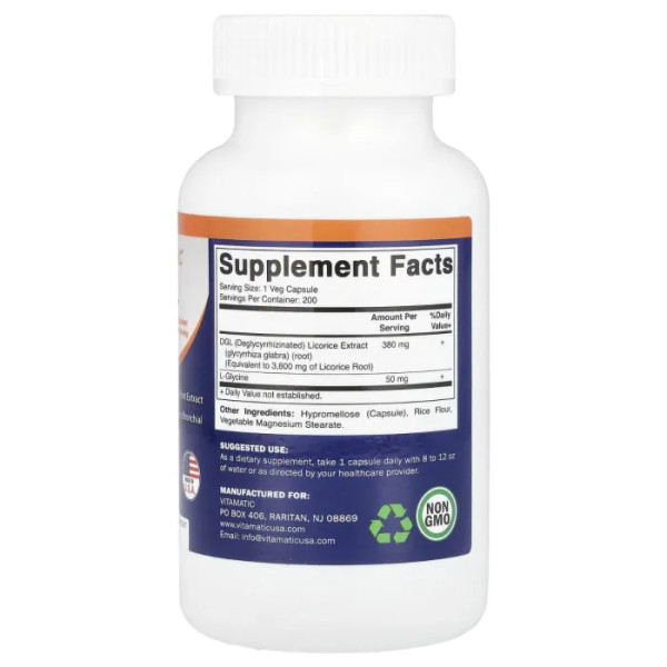 Корінь солодки, DGL, Vitamatic, 200 рослинних капсул