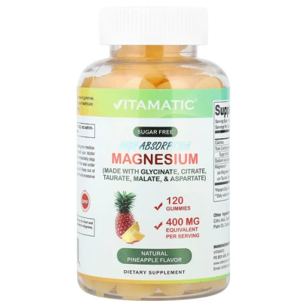 Магній (гліцинат, цитрат, таурат, малат, аспартат), Magnesium, Vitamatic, високої засвоюваності, зі смаком ананаса, 400 мг, 120 жувальних цукерок (100 мг у кожній)