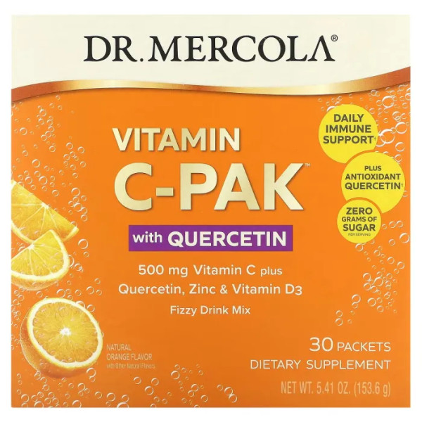 Вітамін С + кверцетин, цинк та вітамін D3, Vitamin C-PAK with Quercetin, Dr. Mercola, зі смаком апельсина, 500 мг, 30 пакетиків (5.12 кожен)