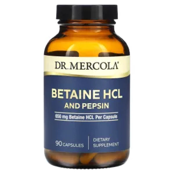Бетаїн та пепсин, Betaine HCL and Pepsin, Dr. Mercola, 650 мг, 90 капсул