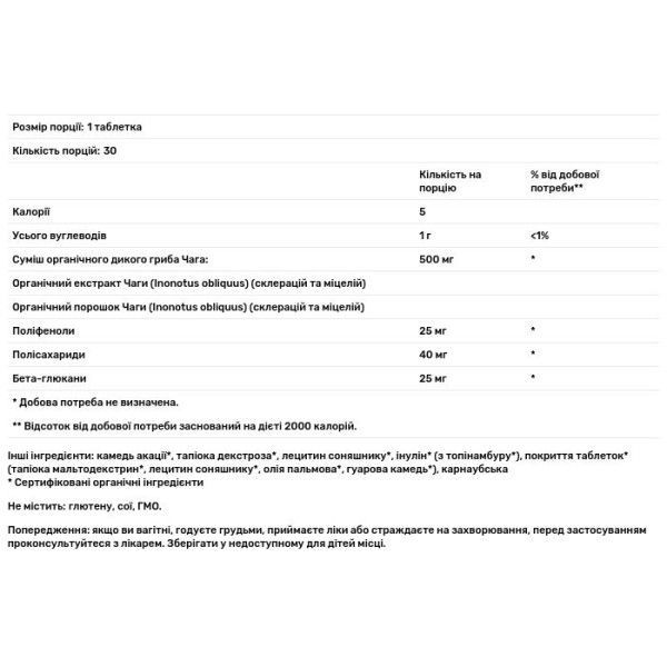 Гриб Чага, Chaga Mushroom, Dr. Mercola, органічний, 30 пігулок