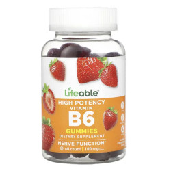 Витамин B6 100 мг жевательные, вкус клубника, Lifeable Vitamin B6, 60 жевательных конфет (50 мг в 1 жевательной)