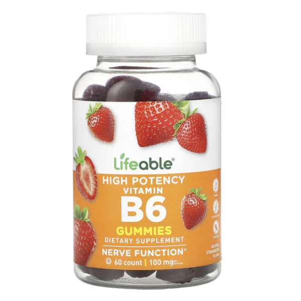 Вітамін В6, високої ефективності, Vitamin B6, Lifeable, зі смаком полуниці, 100 мг, 60 жувальних цукерок (50 мг у кожній жувальній цукерці)