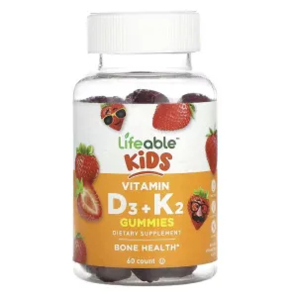 Вітаміни D3+K2, для дітей від 2+ років, Kids Vitamin D3+K2, Lifeable, зі смаком натуральної полуниці, 60 жувальних цукерок