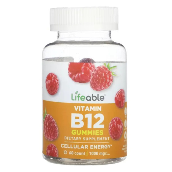 Вітамін В12 (ціанокобаламін), Vitamin B12, Lifeable, зі смаком малини, 1000 мг, 60 жувальних цукерок (500 мг у кожній жувальній цукерці)