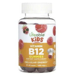 Витамин B12 1000 мкг для детей, жевательные, вкус натуральная малина, Kids Vitamin B12 Lifeable, 60 жевательных конфет, 500 мкг в каждой