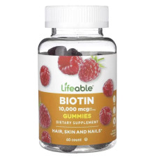 Біотин 10000 мкг жувальні, смак натуральна малина, Lifeable Biotin, 60 жувальних цукерок (5000 мкг в 1 жувальній)