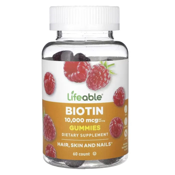 Біотин, Biotin, Lifeable, 10000 мкг, зі смаком натуральної малини, 60 жувальних цукерок (5000 мкг у кожній жувальній цукерці)