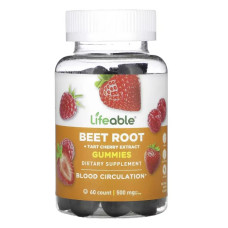 Свекла и терпкая вишня 500 мг жевательные, вкус ягоды, Lifeable Beet Root + Tart Cherry Extract, 60 жевательных конфет (250 мг в 1 жевательной)