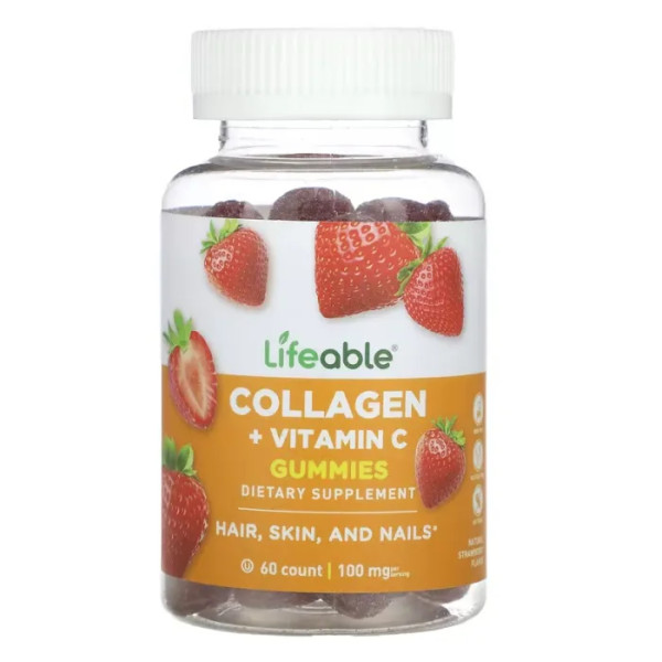 Колаген + вітамін С, Collagen + Vitamin C, Lifeable, зі смаком полуниці, 100 мг, 60 жувальних цукерок (50 мг у кожній жувальній цукерці)