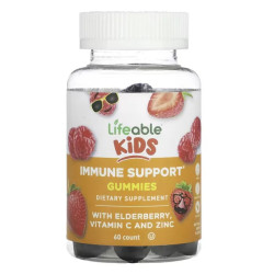 Иммунная поддержка для детей от 2 лет, Lifeable Kids Immune Support, с бузиной витамином C и цинком, вкус ягоды, 60 жевательных конфет