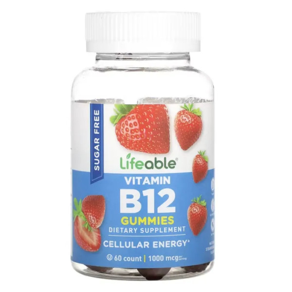 Вітамін В12 (ціанокобаламін), без цукру, Vitamin B12, Lifeable, зі смаком полуниці, 1000 мкг, 60 жувальних цукерок (500 мкг у кожній жувальній цукерці)