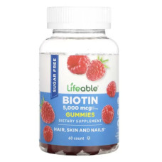 Біотин 5000 мкг, Lifeable Biotin, підтримка волосся шкіри та нігтів, смак малина, 60 жувальних цукерок (2500 мкг в одній)