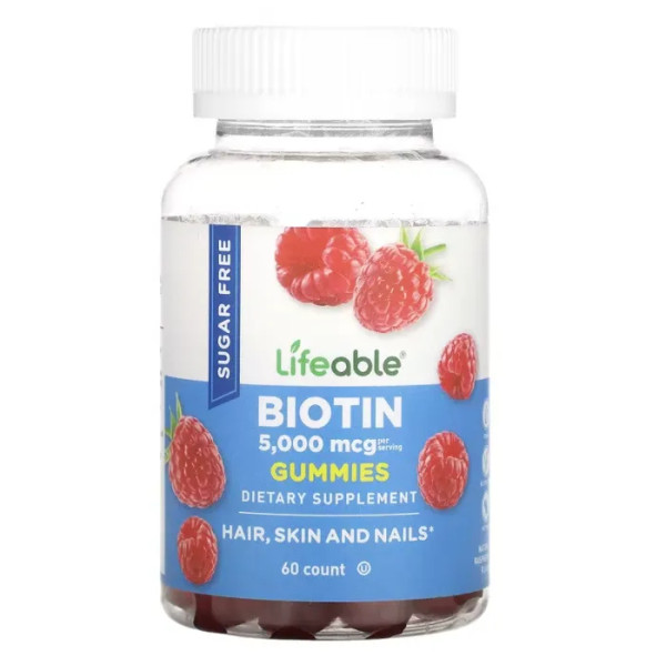 Біотин, підтримка волосся, шкіри та нігтів, Biotin, Lifeable, 5000 мкг, зі смаком малини, 60 жувальних цукерок (2500 мкг у кожній жувальній цукерці)