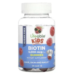 Біотин 5000 мкг для дітей від 4 років, без цукру, жувальні, смак натуральна малина, Lifeable Kids Biotin, 60 жувальних цукерок 2500 мкг в одній