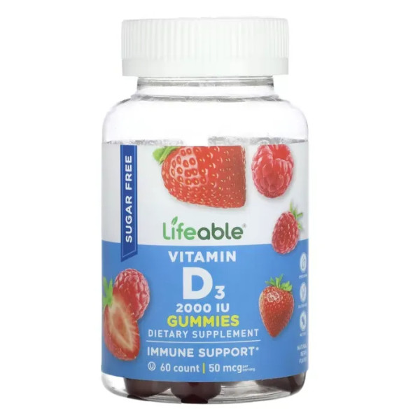 Вітамін D3, без цукру, Vitamin D3, Lifeable, зі смаком ягід, 2000 МО, 60 жувальних цукерок (25 мкг (1000 МО) у кожній жувальній цукерці)