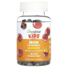 Залізо для дітей 10 мг, Kids Iron + Vitamin C Gummies Lifeable, смак виноград, жувальні, 60 жувальних цукерок