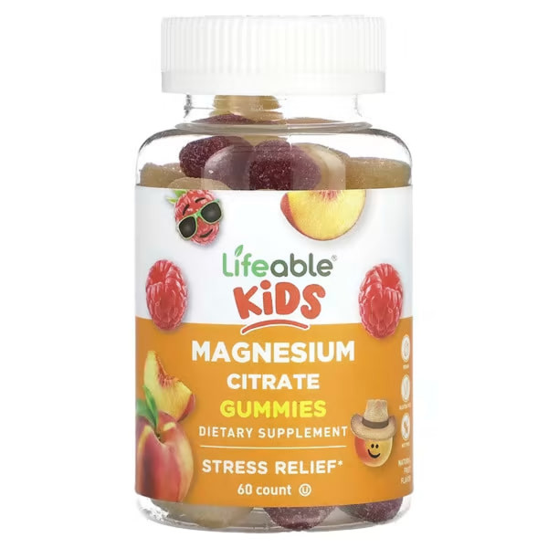 Магній цитрат жувальний, для дітей, Kids Magnesium Citrate Gummies, Lifeable, натуральні фрукти, 60 жувальних цукерок