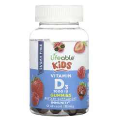 Витамин D3 для детей от 2 лет 25 мкг 1000 МЕ, Lifeable Kids Vitamin D3, без сахара, вкус натуральные ягоды, 60 жевательных конфет