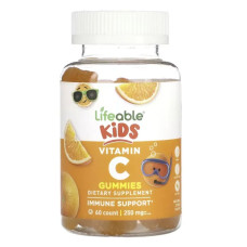 Вітамін C для дітей від 2 років 250 мг, Lifeable Kids Vitamin C, смак цитрус, 60 жувальних цукерок (125 мг на одну)