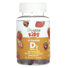 Вітамін D3 для дітей від 2 років 25 мкг 1000 МО, Lifeable Kids Vitamin D3, смак полуниці, 60 жувальних цукерок