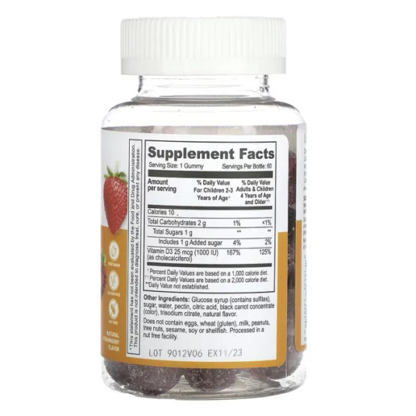 Вітамін D3 для дітей від 2+ років, Kids Vitamin D3, Lifeable, зі смаком полуниці, 25 мкг (1000 МО), 60 жувальних цукерок