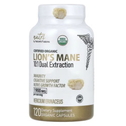 Ежовик гребенчатый 1900 мг, Natures Fusions Lions Mane, двойная экстракция 10 к 1, 120 органических капсул (633 мг в капсуле)