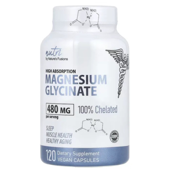 Магній гліцинат, Magnesium Glycinate, Nature's Fusions, високої засвоюваності, 480 мг, 120 вегетаріанських капсул (160 мг на капсулу)