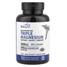 Магній потрійний комплекс високої засвоюваності 440 мг, Nutri Triple Magnesium High Absorption, 150 вегетаріанських капсул (88 мг на одну)