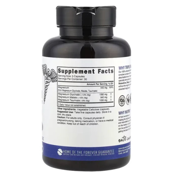 Магній, потрійний комплекс, високою засвоюваністю, Triple Magnesium, High Absorption, Nutri, 440 мг, 150 вегетаріанських капсул (88 мг в одній капсулі)