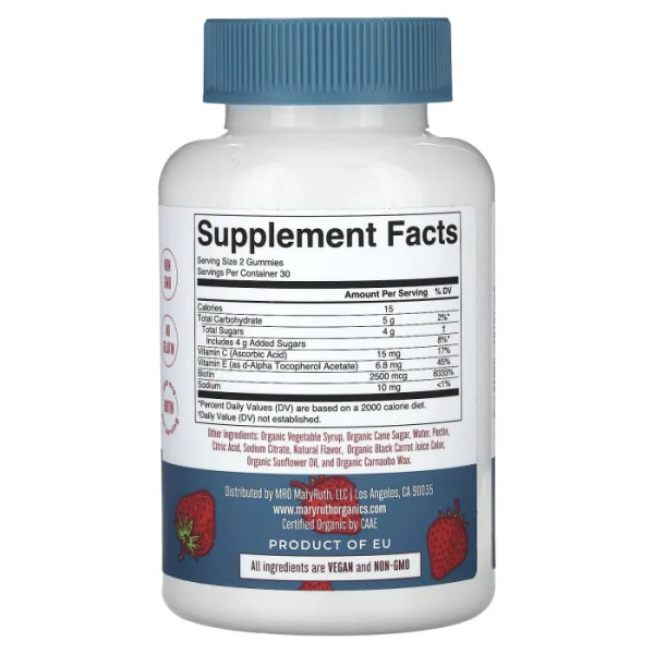 Вітаміни для волосся, шкіри та нігтів, Organic Hair, Skin & Nails Gummies, MaryRuth's, смак полуниці, 1250 мкг у цукерці, 60 жувальних цукерок