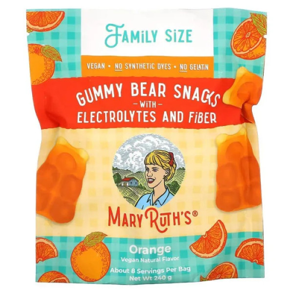 Мармеладні ведмедики з електролітами та клітковиною, Gummy Bear Snacks with Electrolytes and Fiber, MaryRuth Organics, апельсин, 240 г