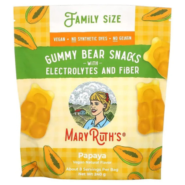 Мармеладні ведмедики з електролітами та клітковиною, Gummy Bear Snacks with Electrolytes and Fiber, MaryRuth Organics, папайя, 240 г