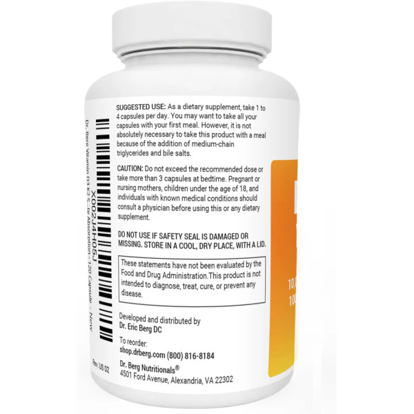Вітаміни D3 та K2, Vitamin D3 K2 , Dr. Berg's, очищені жовчні солі, цинк та магній для кращого засвоєння, 10000 МО\/100 мкг, 120 капсул
