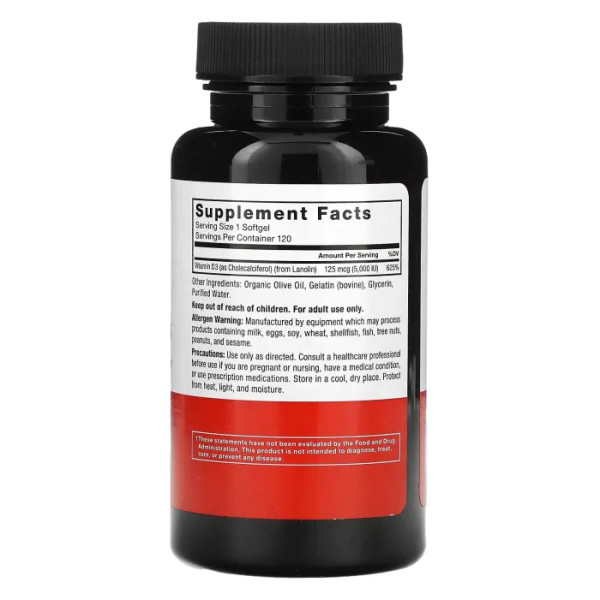 Вітамін D3, Vitamin D3, Force Factor, 125 мкг (5000 МО), 120 гелевих капсул