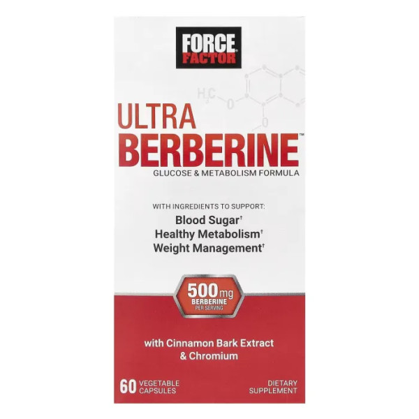Ультраберберин, Ultra Berberine, Force Factor, добавка для глюкози та здорового метаболізму, 500 мг, 60 рослинних капсул (250 мг на 1 капсулу)