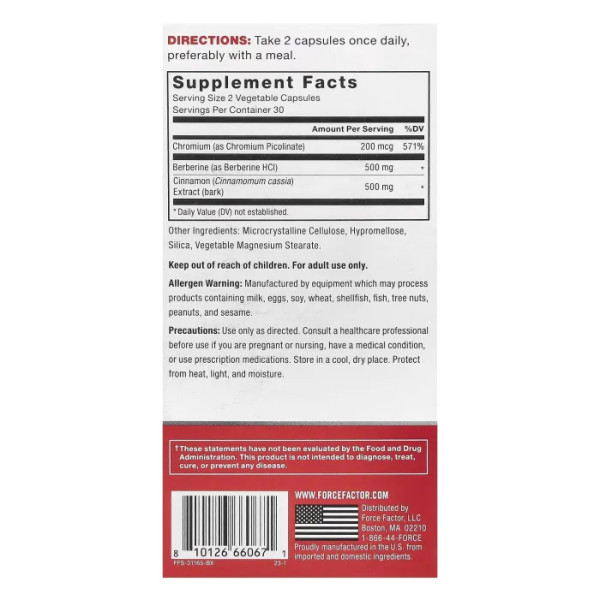 Ультраберберин, Ultra Berberine, Force Factor, добавка для глюкози та здорового метаболізму, 500 мг, 60 рослинних капсул (250 мг на 1 капсулу)