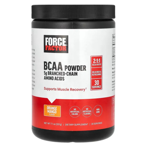 Амінокислоти ВСАА, BCAA Powder, Force Factor, порошок, зі смаком апельсину та манго, 201 г