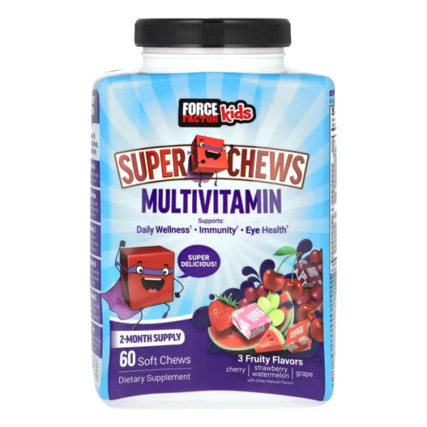 Мультивітаміни, Super Chews Multivitamin, Force Factor, Kids, Super Chews, вишня, полуниця, кавун, виноград, 60 жувальних таблеток