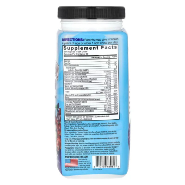 Мультивітаміни, Super Chews Multivitamin, Force Factor, Kids, Super Chews, вишня, полуниця, кавун, виноград, 60 жувальних таблеток