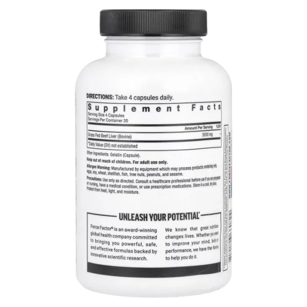 Яловича печінка, Grass-Fed Beef Liver, Force Factor, Primal Origins™, трав'яної відгодівлі, 3000 мг, 120 капсул (750 мг на капсулу)