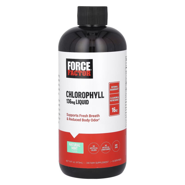 Хлорофіл рідкий, Chlorophyll Liquid, Force Factor, натуральна м'ята, 136 мг, 473 мл (136 мг у 2 ст. л.)